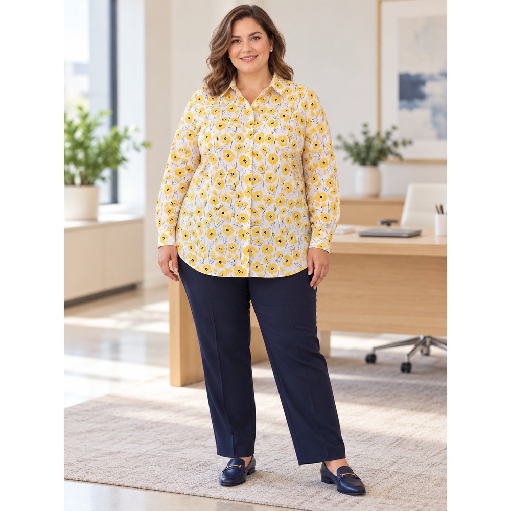 Lands End Button Down Shirt Womens 26W Yellow Floral No Iron Supima Cotton Plus
